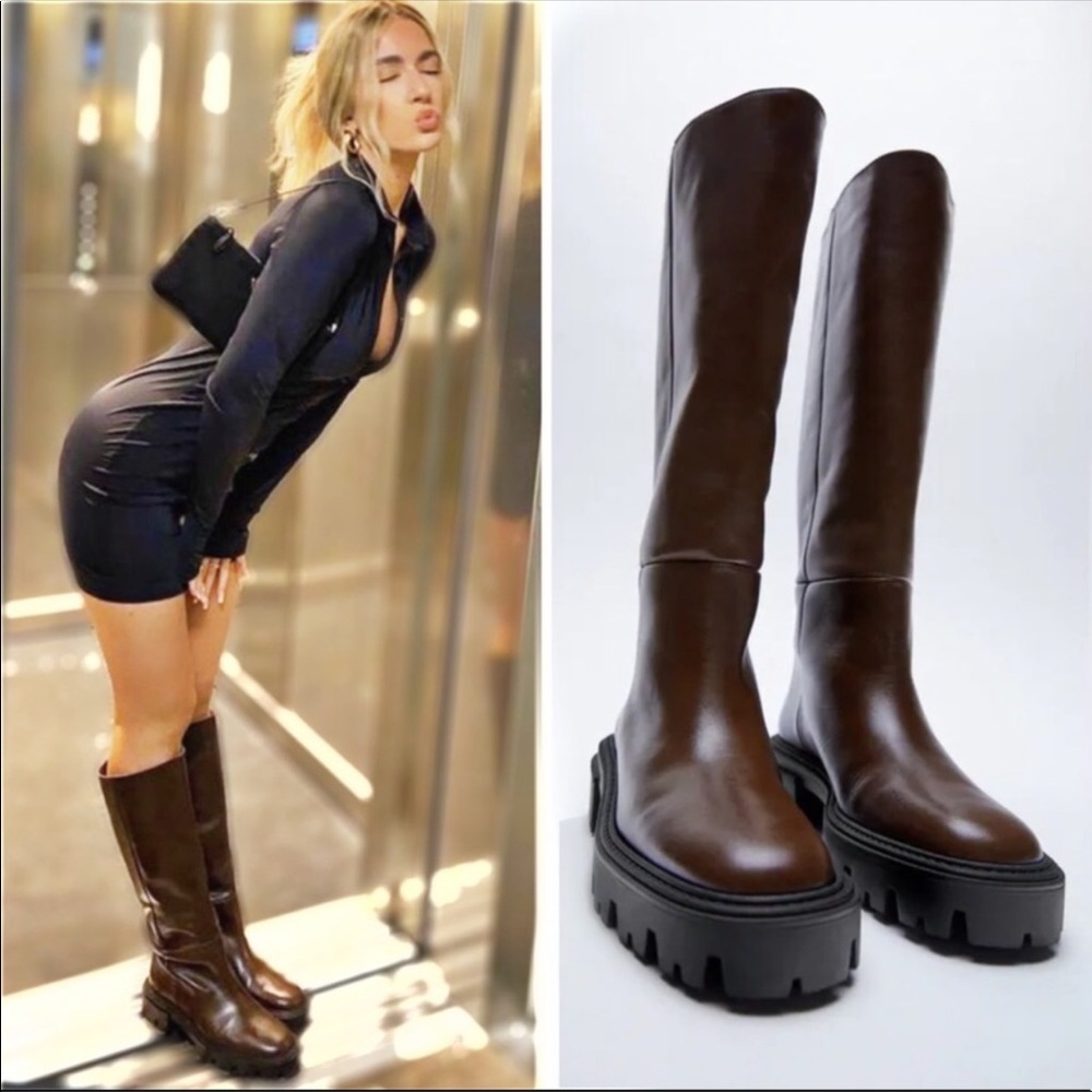 Zara Leather Brown Tall Boots 8 - Picture 2 of 16